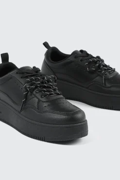 Thick Sole Court Sneakers with Double Lace Detail