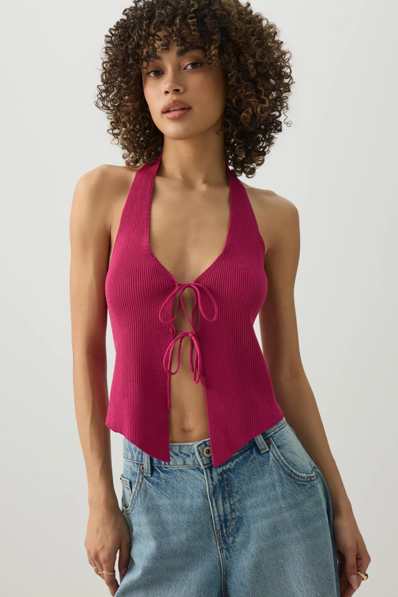 Tie Front Halter Sweater Tank