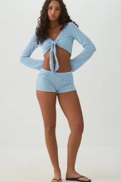 Tie Front Ultra Crop Textured Knit Top