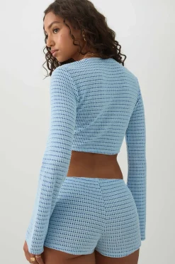 Tie Front Ultra Crop Textured Knit Top