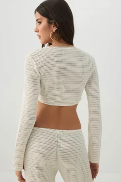Tie Front Ultra Crop Textured Knit Top