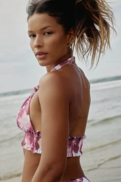 Triangle Halter Bikini Top with Smocked Band