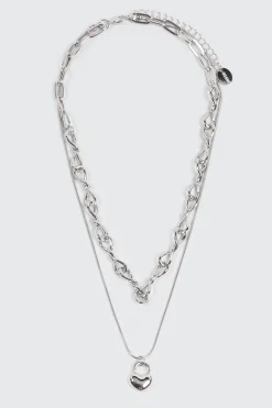 Two-Row Twist Chain & Lock Pendant Necklace