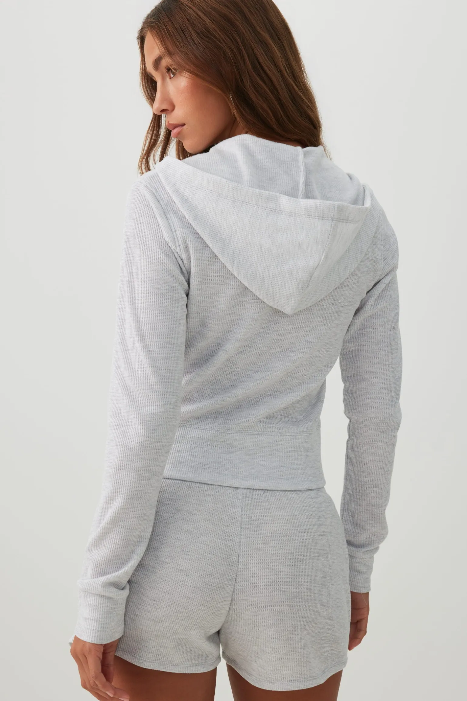 Waffle Hooded Front Zipper Top