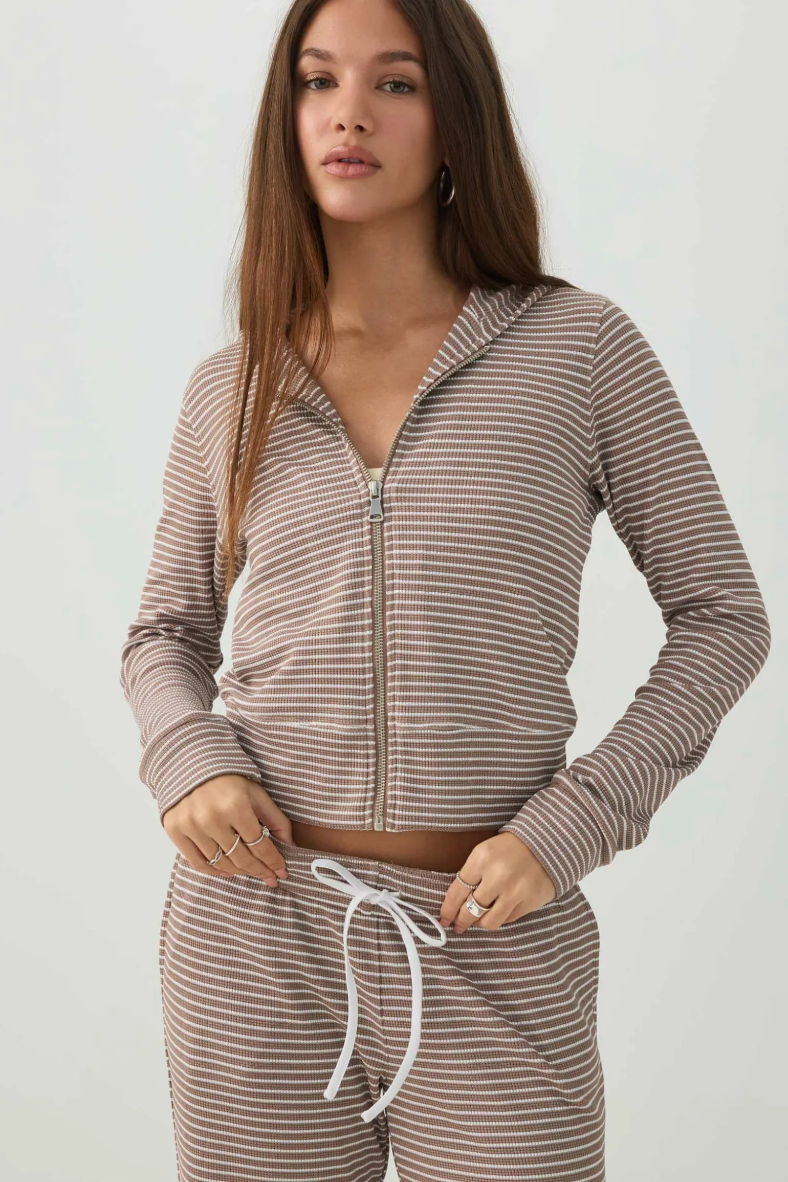 Waffle Hooded Front Zipper Top