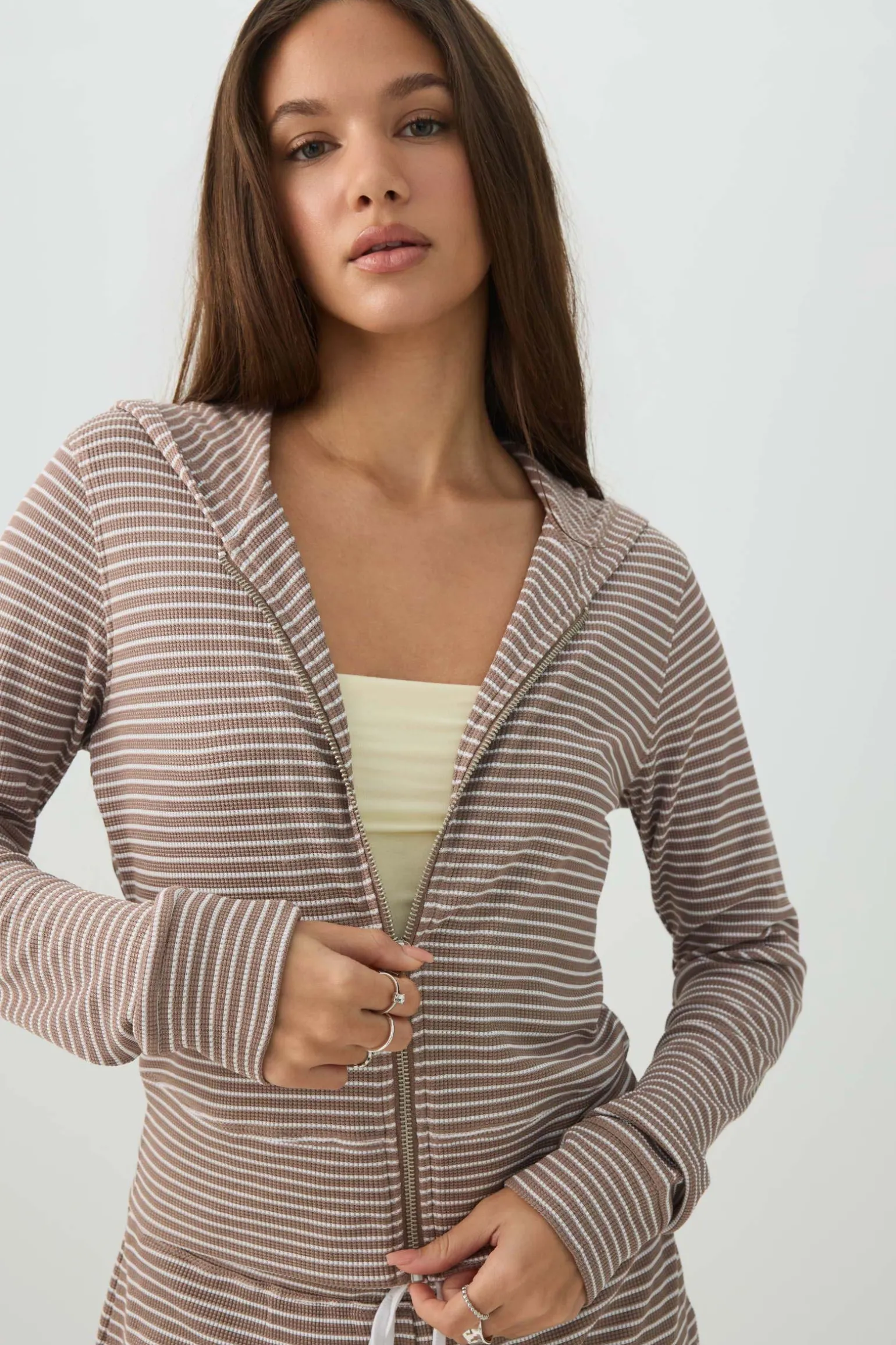 Waffle Hooded Front Zipper Top